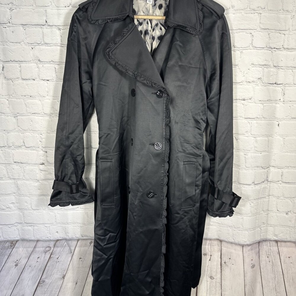 St. John Trench Coat 2 Black Ruffles Long Jacket Ruffles Belted Whimsy Boho